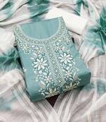 Women's sea green unstitched sequence embroidery zora silk cotton dress material 