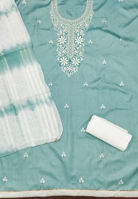 Women's sea green sequence embroidery zora silk cotton dress material 2