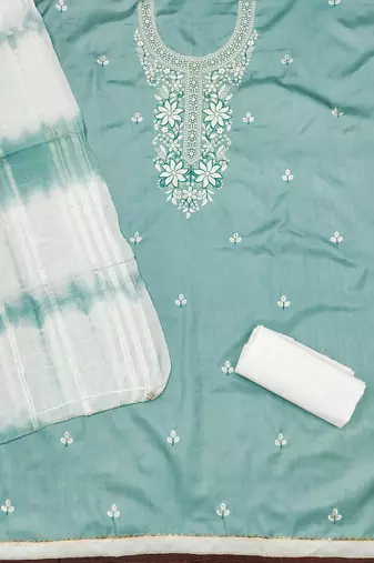 Women's sea green sequence embroidery zora silk cotton dress material