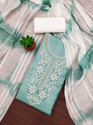 Women's sea green sequence embroidery zora silk cotton dress material 4