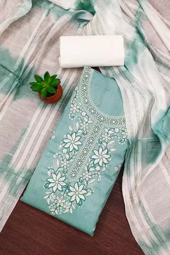 Women's sea green sequence embroidery zora silk cotton dress material