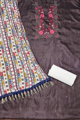 Women's grey sequence embroidery zora silk cotton dress material 2