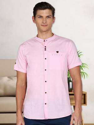 men's baby pink mandarin collar linen cotton party casual shirt | indowestern shirt for men 1