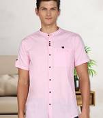 men's baby pink mandarin collar linen cotton party casual shirt | indowestern shirt for men