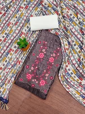 Women's grey sequence embroidery zora silk cotton dress material 3