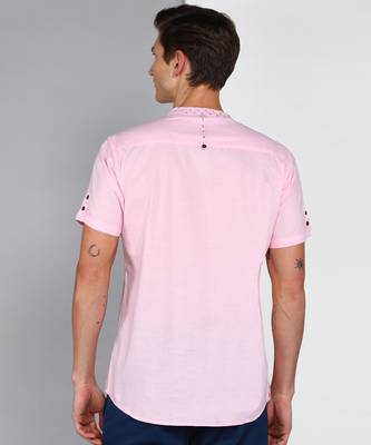 men's baby pink mandarin collar linen cotton party casual shirt | indowestern shirt for men 2