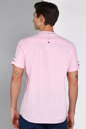 men's baby pink mandarin collar linen cotton party casual shirt | indowestern shirt for men