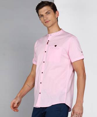 men's baby pink mandarin collar linen cotton party casual shirt | indowestern shirt for men 3
