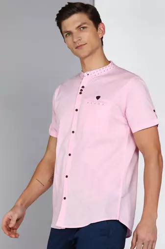 men's baby pink mandarin collar linen cotton party casual shirt | indowestern shirt for men