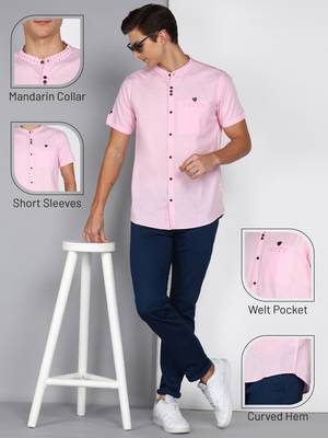 men's baby pink mandarin collar linen cotton party casual shirt | indowestern shirt for men 5