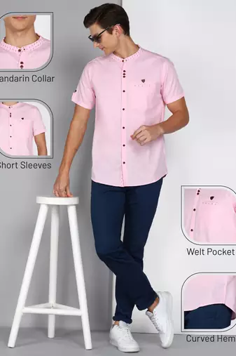 men's baby pink mandarin collar linen cotton party casual shirt | indowestern shirt for men