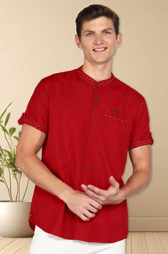 men's berry red mandarin collar linen cotton party casual shirt | indowestern shirt for men