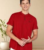 men's berry red mandarin collar linen cotton party casual shirt | indowestern shirt for men