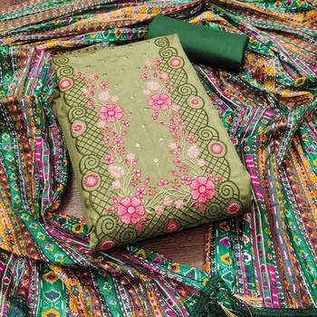 Women's light green sequence embroidery zora silk cotton dress material 1