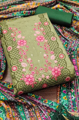Women's light green unstitched sequence embroidery zora silk cotton dress material 