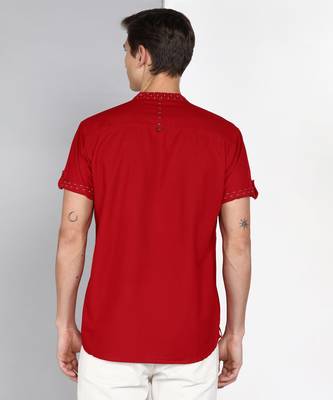 men's berry red mandarin collar linen cotton party casual shirt | indowestern shirt for men 2