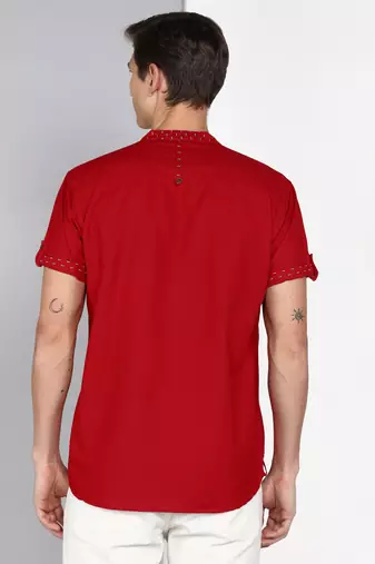 men's berry red mandarin collar linen cotton party casual shirt | indowestern shirt for men