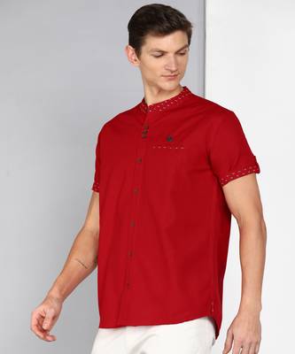 men's berry red mandarin collar linen cotton party casual shirt | indowestern shirt for men 3