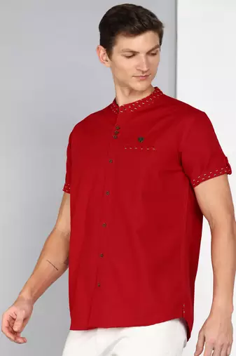 men's berry red mandarin collar linen cotton party casual shirt | indowestern shirt for men