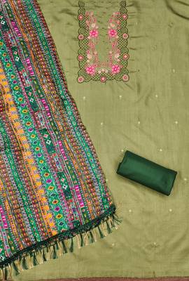Women's light green sequence embroidery zora silk cotton dress material 2