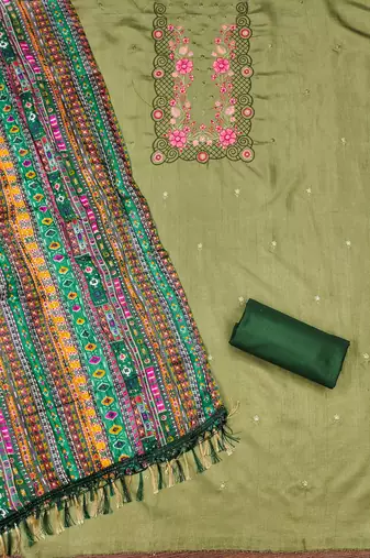 Women's light green sequence embroidery zora silk cotton dress material