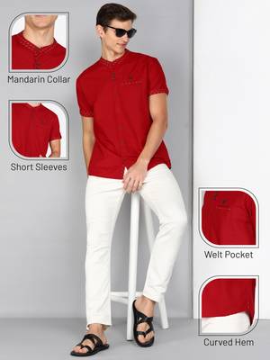 men's berry red mandarin collar linen cotton party casual shirt | indowestern shirt for men 5