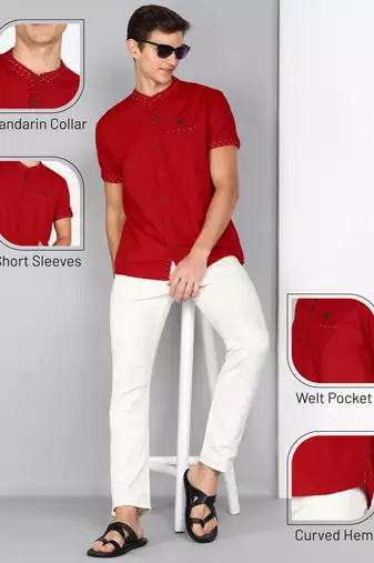 men's berry red mandarin collar linen cotton party casual shirt | indowestern shirt for men
