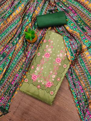 Women's light green sequence embroidery zora silk cotton dress material 3
