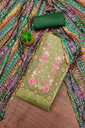 Women's light green sequence embroidery zora silk cotton dress material