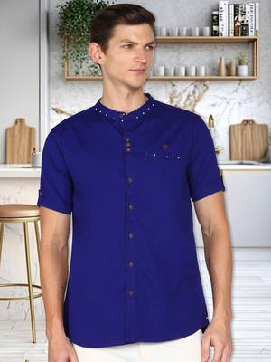 men's royal blue mandarin collar linen cotton party casual shirt | indowestern shirt for men 1