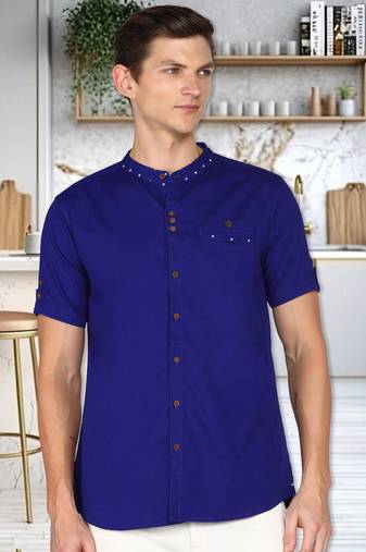men's royal blue mandarin collar linen cotton party casual shirt | indowestern shirt for men