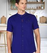 men's royal blue mandarin collar linen cotton party casual shirt | indowestern shirt for men