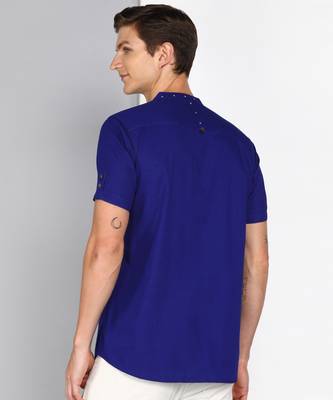 men's royal blue mandarin collar linen cotton party casual shirt | indowestern shirt for men 2