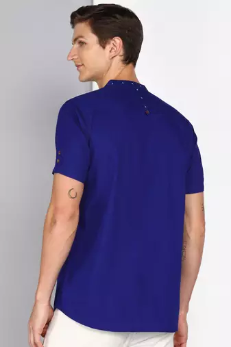 men's royal blue mandarin collar linen cotton party casual shirt | indowestern shirt for men