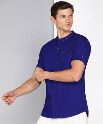 men's royal blue mandarin collar linen cotton party casual shirt | indowestern shirt for men 3