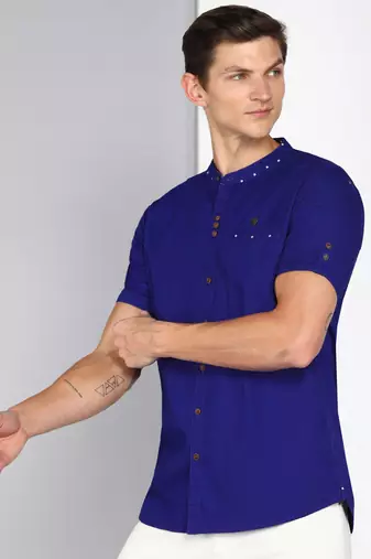 men's royal blue mandarin collar linen cotton party casual shirt | indowestern shirt for men
