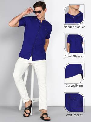 men's royal blue mandarin collar linen cotton party casual shirt | indowestern shirt for men 5