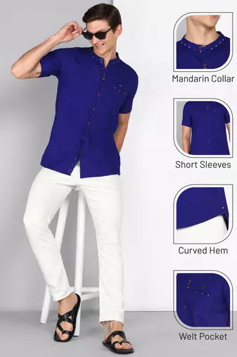 men's royal blue mandarin collar linen cotton party casual shirt | indowestern shirt for men