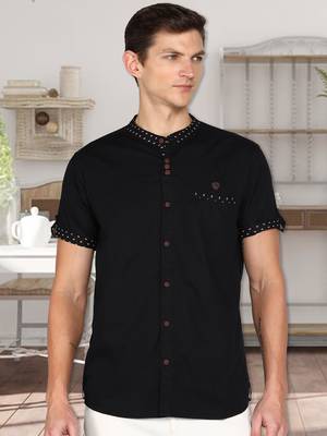 men's black mandarin collar linen cotton party casual shirt | indowestern shirt for men 1