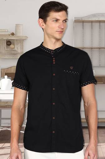 men's black mandarin collar linen cotton party casual shirt | indowestern shirt for men