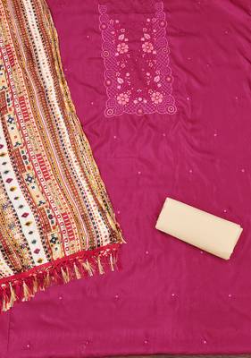 Women's pink sequence embroidery zora silk cotton dress material 2