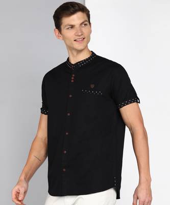 men's black mandarin collar linen cotton party casual shirt | indowestern shirt for men 3