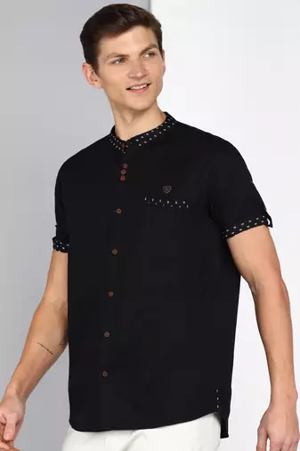 men's black mandarin collar linen cotton party casual shirt | indowestern shirt for men
