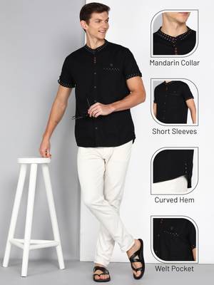 men's black mandarin collar linen cotton party casual shirt | indowestern shirt for men 5