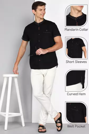 men's black mandarin collar linen cotton party casual shirt | indowestern shirt for men