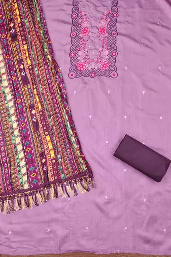 Women's purple sequence embroidery zora silk cotton dress material