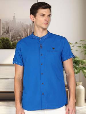 men's royal blue mandarin collar linen cotton party casual shirt | indowestern shirt for men 1