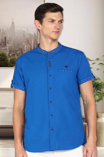 men's royal blue mandarin collar linen cotton party casual shirt | indowestern shirt for men