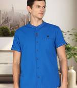 men's royal blue mandarin collar linen cotton party casual shirt | indowestern shirt for men