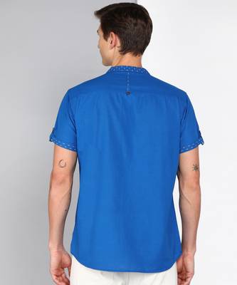 men's royal blue mandarin collar linen cotton party casual shirt | indowestern shirt for men 2